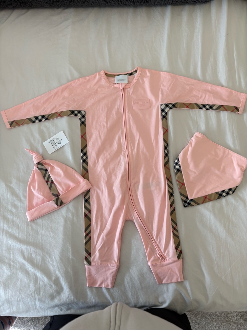 Burberry Pink Baby One-Piece with Signature Check Trim and Matching Hat & Bib